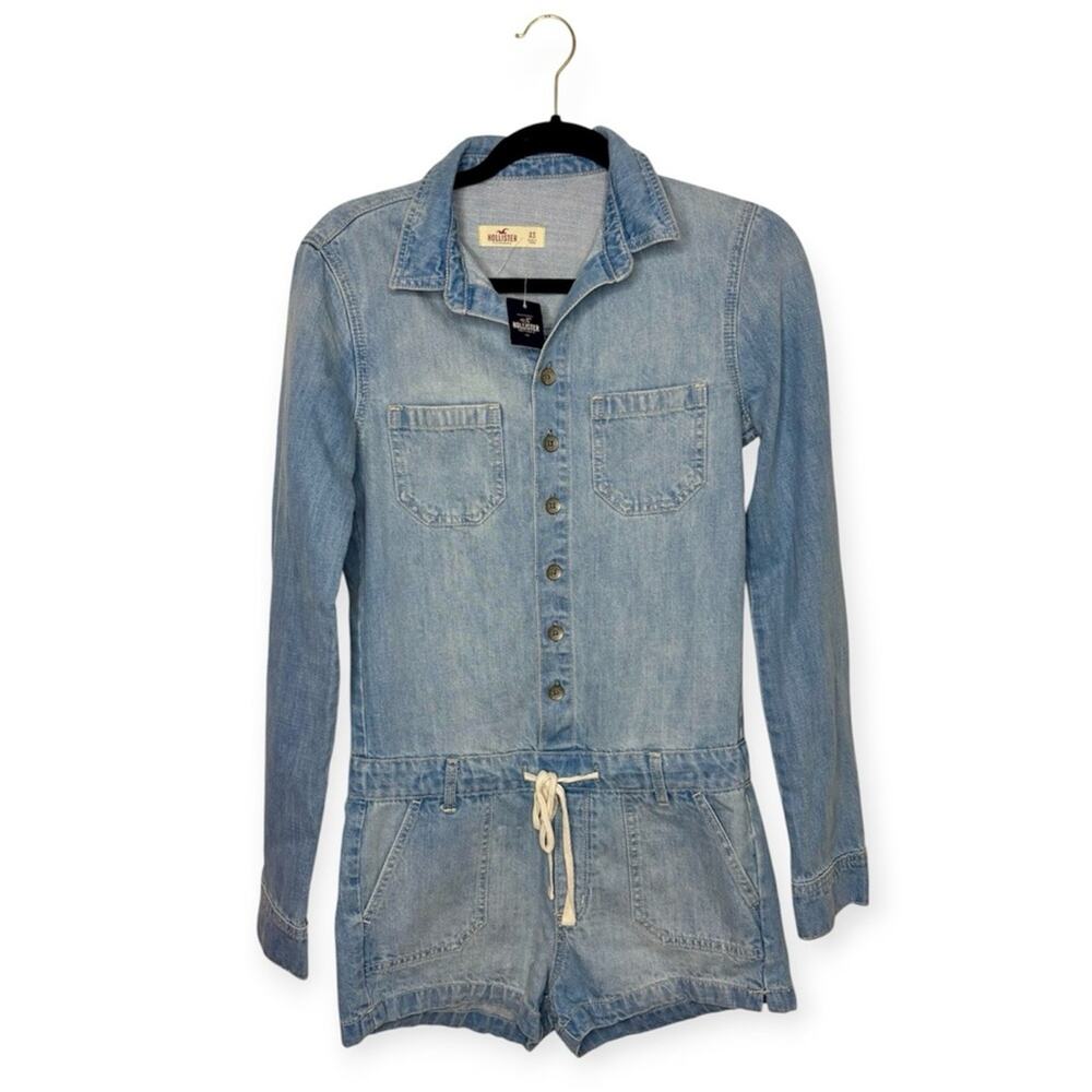 NWT Hollister XS denim romper long sleeves blue wash waist drawstrings